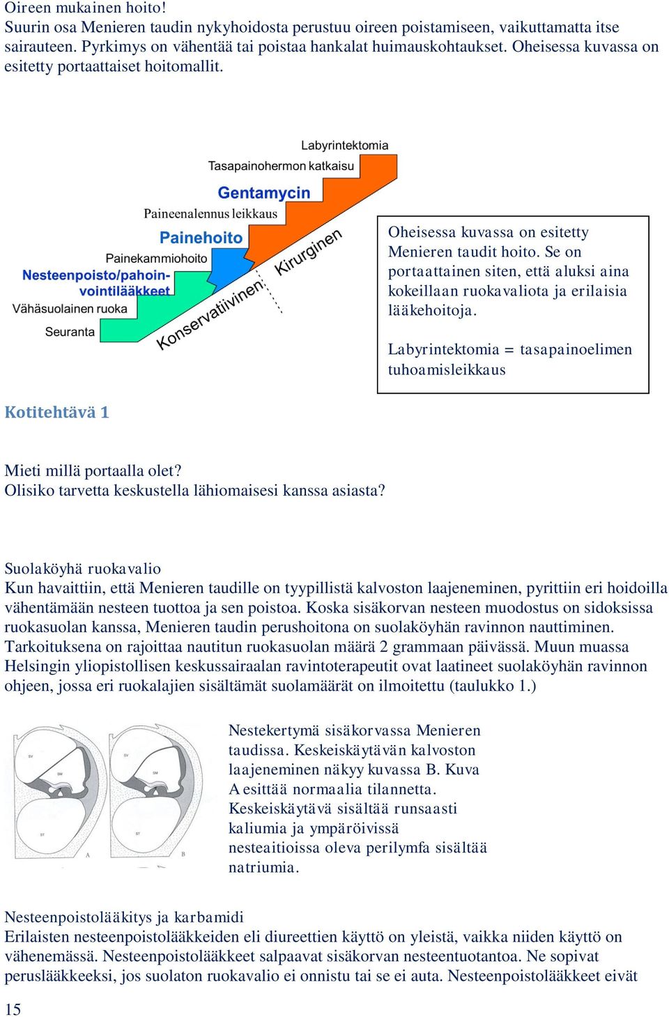 Se on portaattainen siten, että aluksi aina kokeillaan ruokavaliota ja erilaisia lääkehoitoja. Labyrintektomia = tasapainoelimen tuhoamisleikkaus Mieti millä portaalla olet?