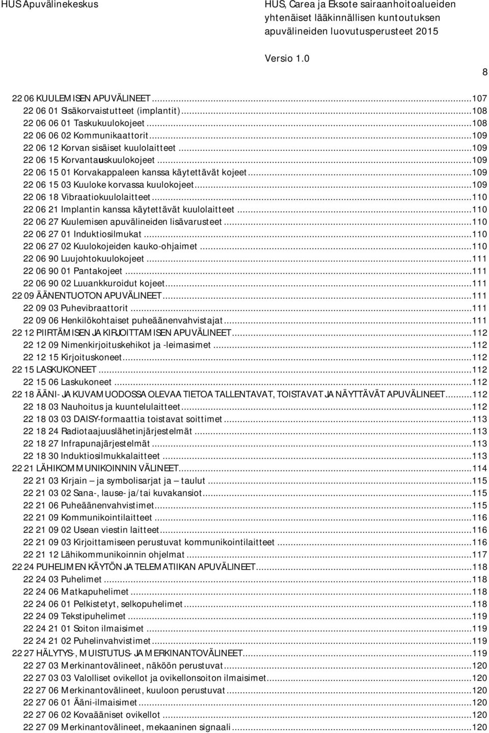 .. 110 22 06 21 Implantin kanssa käytettävät kuulolaitteet... 110 22 06 27 Kuulemisen apuvälineiden lisävarusteet... 110 22 06 27 01 Induktiosilmukat... 110 22 06 27 02 Kuulokojeiden kauko-ohjaimet.