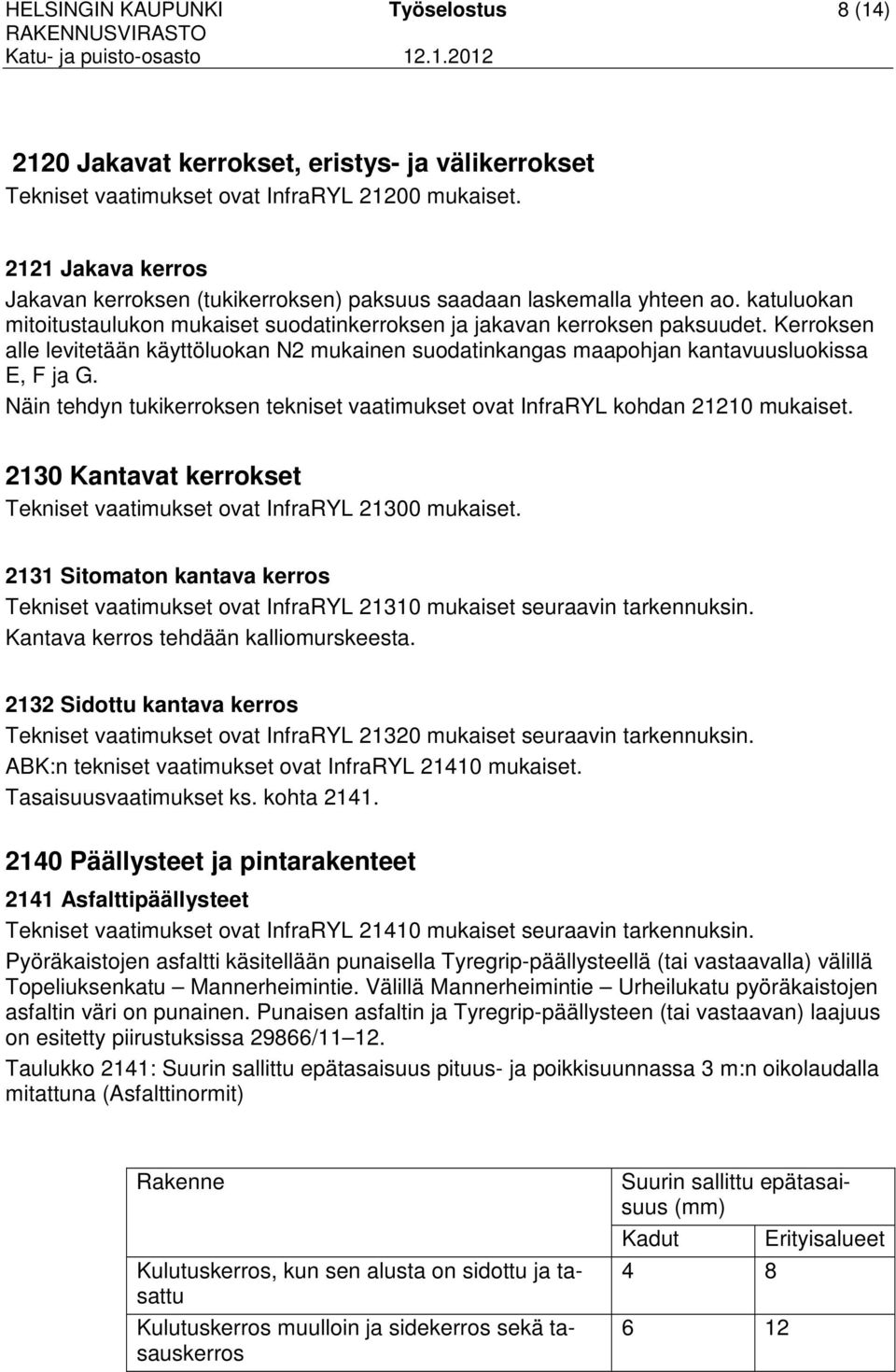 Kerroksen alle levitetään käyttöluokan N2 mukainen suodatinkangas maapohjan kantavuusluokissa E, F ja G. Näin tehdyn tukikerroksen tekniset vaatimukset ovat InfraRYL kohdan 21210 mukaiset.