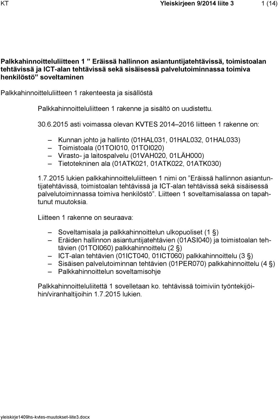 2015 asti voimassa olevan KVTES 2014 2016 liitteen 1 rakenne on: Kunnan johto ja hallinto (01HAL031, 01HAL032, 01HAL033) Toimistoala (01TOI010, 01TOI020) Virasto- ja laitospalvelu (01VAH020,