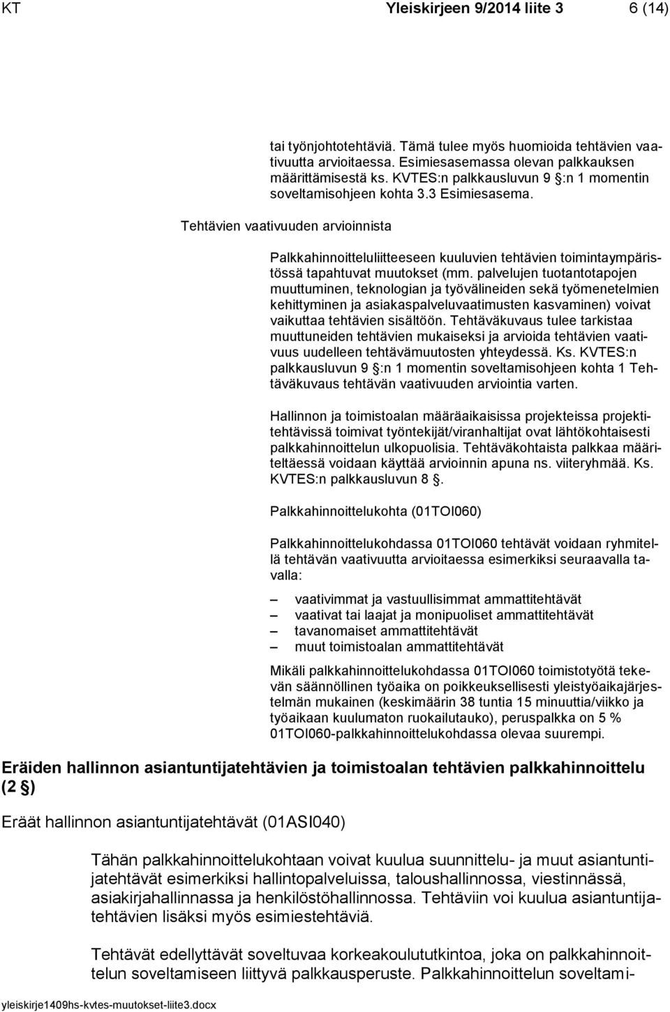 Tehtävien vaativuuden arvioinnista Palkkahinnoitteluliitteeseen kuuluvien tehtävien toimintaympäristössä tapahtuvat muutokset (mm.