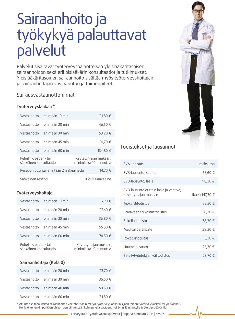 Sairausvastaanottohinnat Työterveyslääkäri* Vastaanotto enintään 10 min 21,80 Vastaanotto enintään 20 min 46,60 Vastaanotto enintään 30 min 68,20 Vastaanotto enintään 45 min 101,70 Vastaanotto