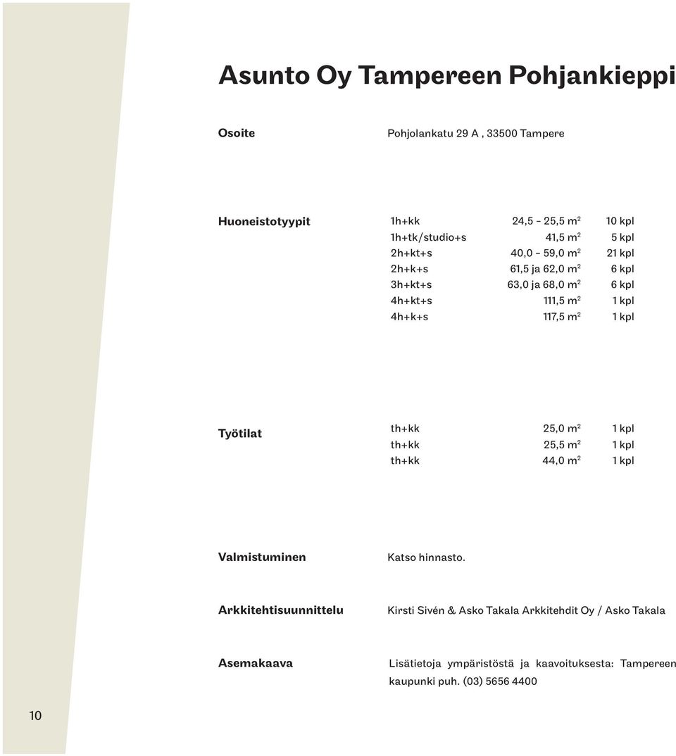 kpl Työtilat th+kk 25,0 m 2 1 kpl th+kk 25,5 m 2 1 kpl th+kk 44,0 m 2 1 kpl Valmistuminen Katso hinnasto.