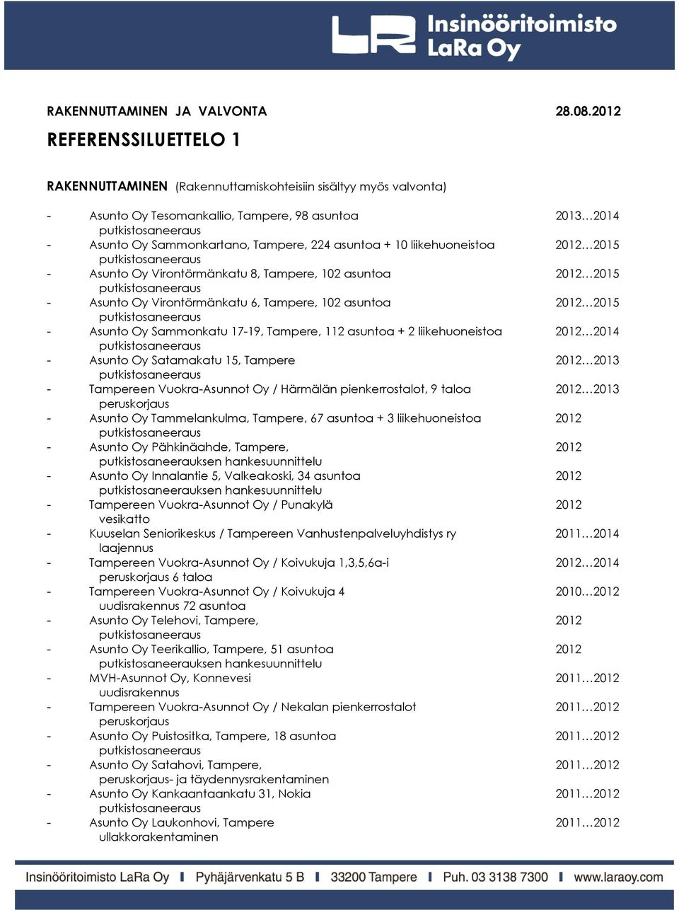 10 liikehuoneistoa 2012 2015 - Asunto Oy Virontörmänkatu 8, Tampere, 102 asuntoa 2012 2015 - Asunto Oy Virontörmänkatu 6, Tampere, 102 asuntoa 2012 2015 - Asunto Oy Sammonkatu 17-19, Tampere, 112