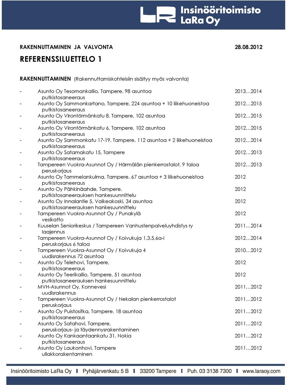 10 liikehuoneistoa 2012 2015 - Asunto Oy Virontörmänkatu 8, Tampere, 102 asuntoa 2012 2015 - Asunto Oy Virontörmänkatu 6, Tampere, 102 asuntoa 2012 2015 - Asunto Oy Sammonkatu 17-19, Tampere, 112
