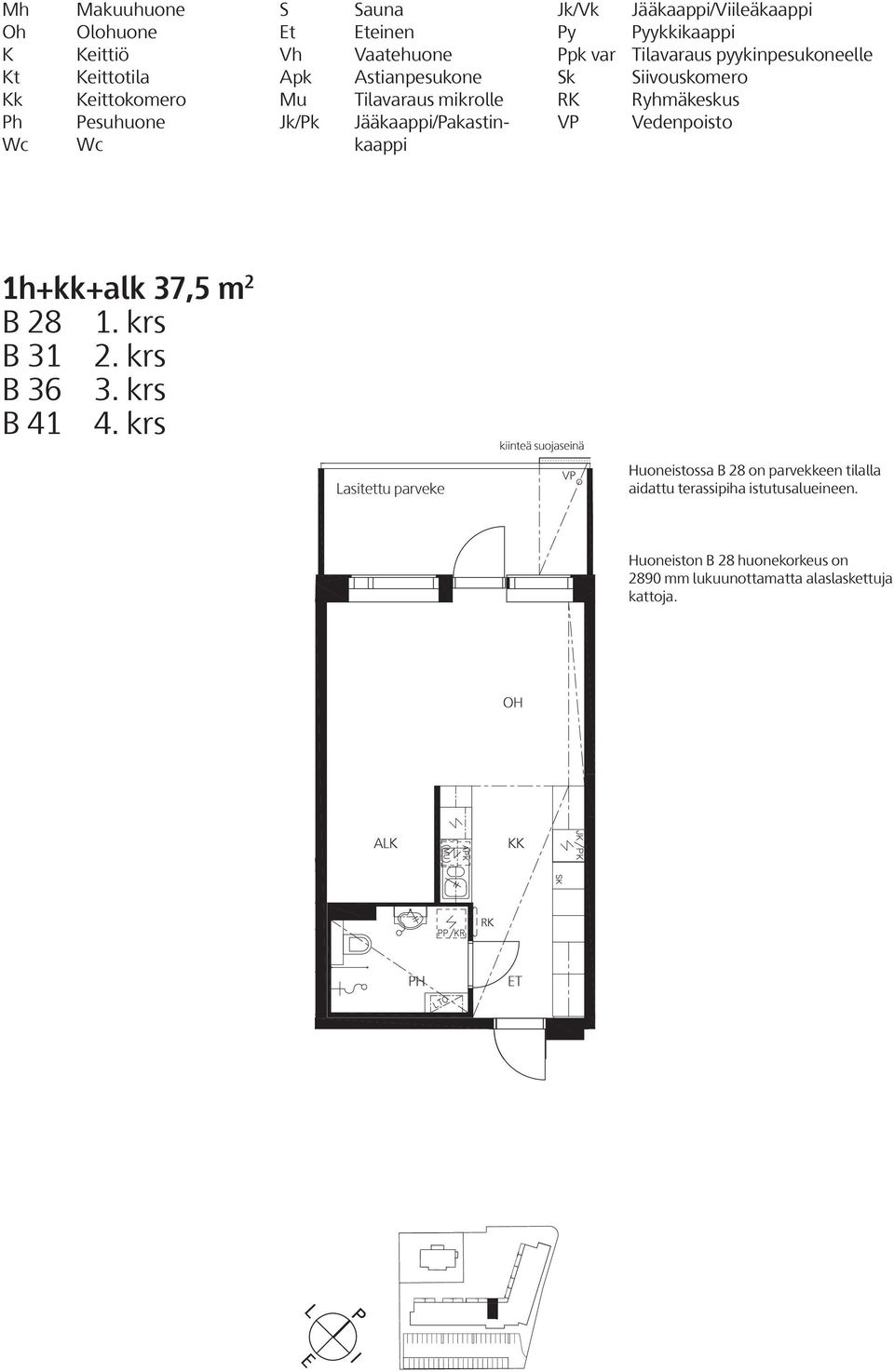 pyykinpesukoneelle Sk Siivouskomero RK Ryhmäkeskus VP Vedenpoisto 1h+kk+alk 37,5 m 2 B 28 1. krs B 31 2. krs B 36 3. krs B 41 4.