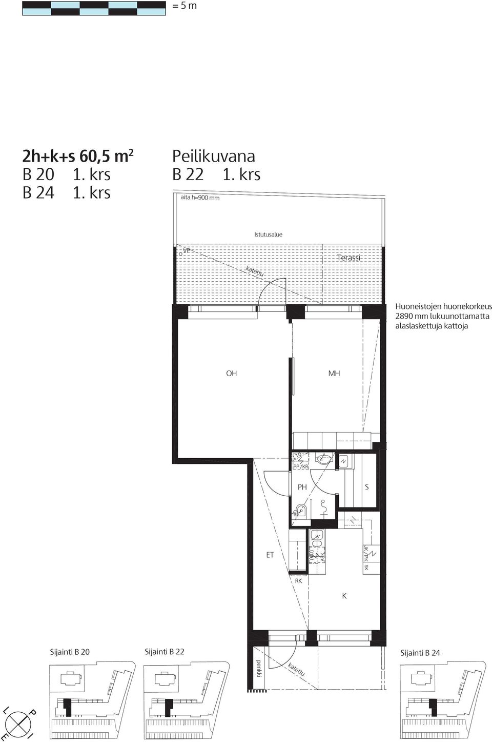 krs Huoneistojen huonekorkeus 2890 mm