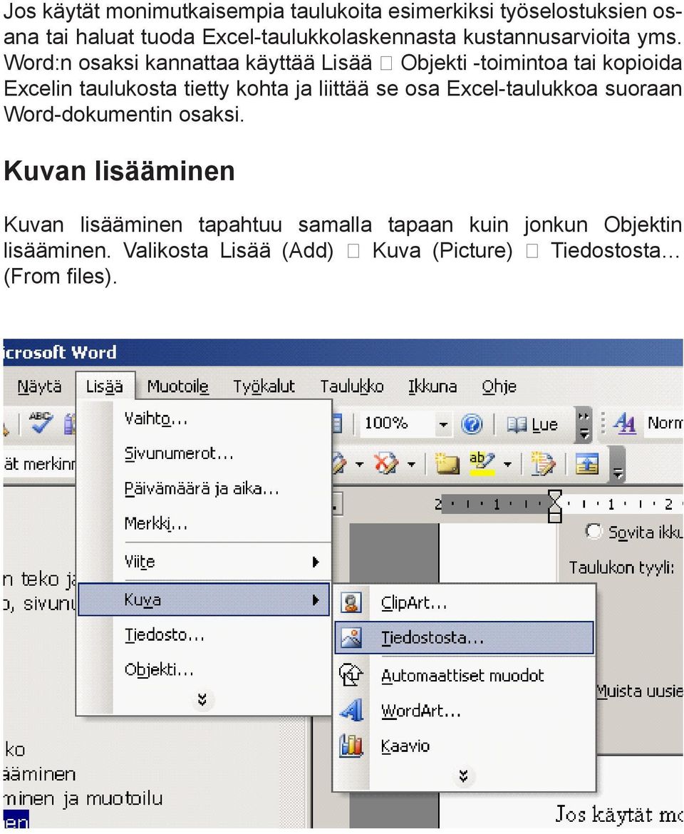 Word:n osaksi kannattaa käyttää Lisää Objekti -toimintoa tai kopioida Excelin taulukosta tietty kohta ja liittää