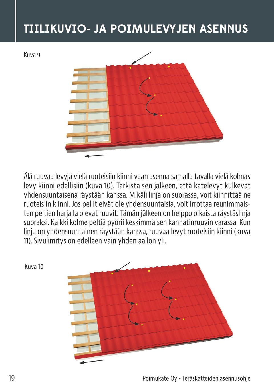 Jos pellit eivät ole yhdensuuntaisia, voit irrottaa reunimmaisten peltien harjalla olevat ruuvit. Tämän jälkeen on helppo oikaista räystäslinja suoraksi.