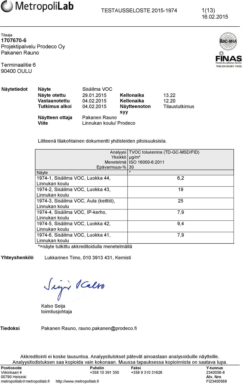 Analyysi TVOC tolueenina (TD-GC-MSD/FID) Yksikkö µg/m³ Menetelmä ISO 16000-6:2011 Epävarmuus-% 30 Näyte * 1974-1, Sisäilma VOC, Luokka 44, 6,2 Linnukan koulu 1974-2, Sisäilma VOC, Luokka 43, 19