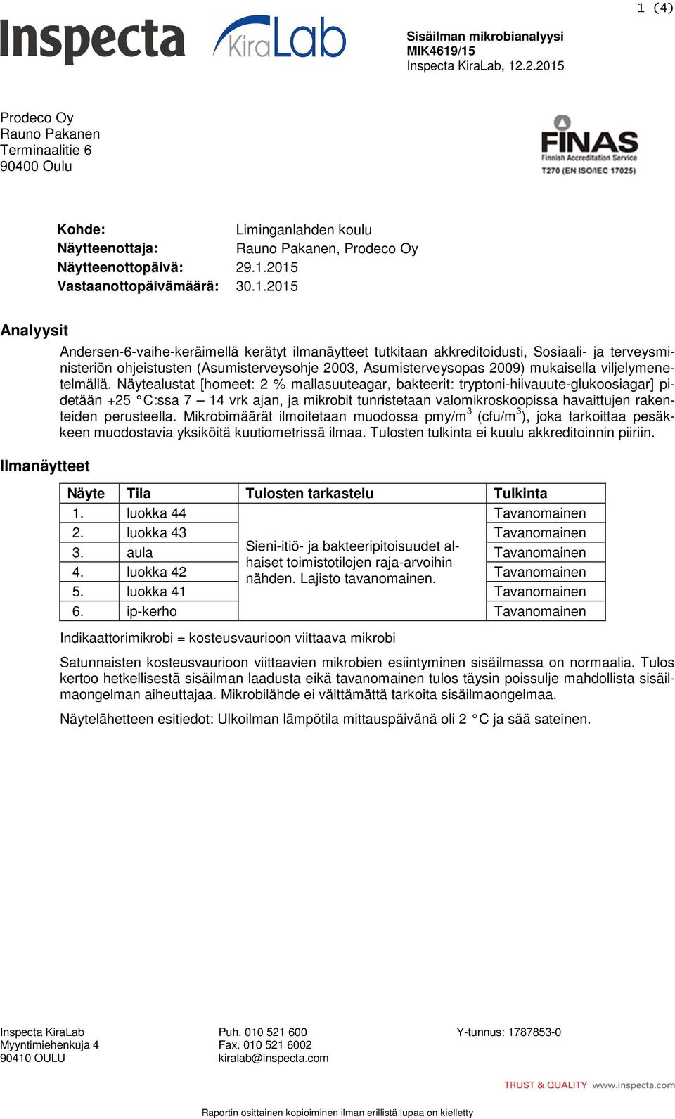 Prodeco Oy Rauno Pakanen Terminaalitie 6 90400 Oulu Kohde: Liminganlahden koulu Näytteenottaja: Rauno Pakanen, Prodeco Oy Näytteenottopäivä: 29.1.