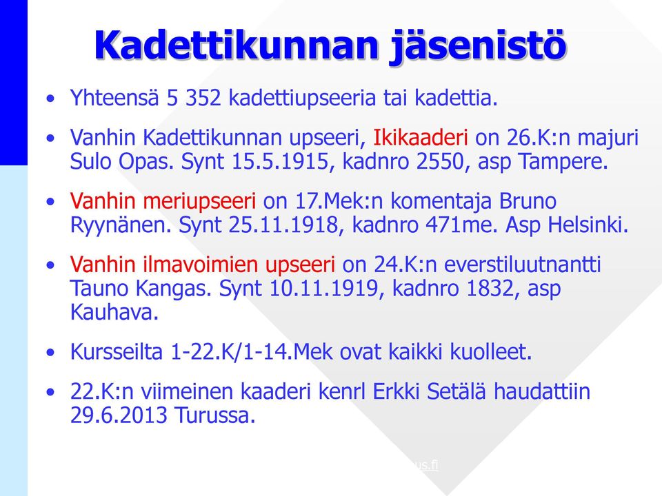 11.1918, kadnro 471me. Asp Helsinki. Vanhin ilmavoimien upseeri on 24.K:n everstiluutnantti Tauno Kangas. Synt 10.11.1919, kadnro 1832, asp Kauhava.