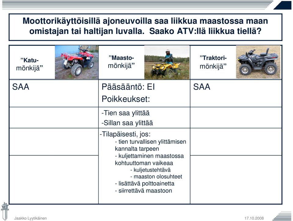 Pääsääntö: EI Poikkeukset: -Tien saa ylittää -Sillan saa ylittää -Tilapäisesti, jos: - tien