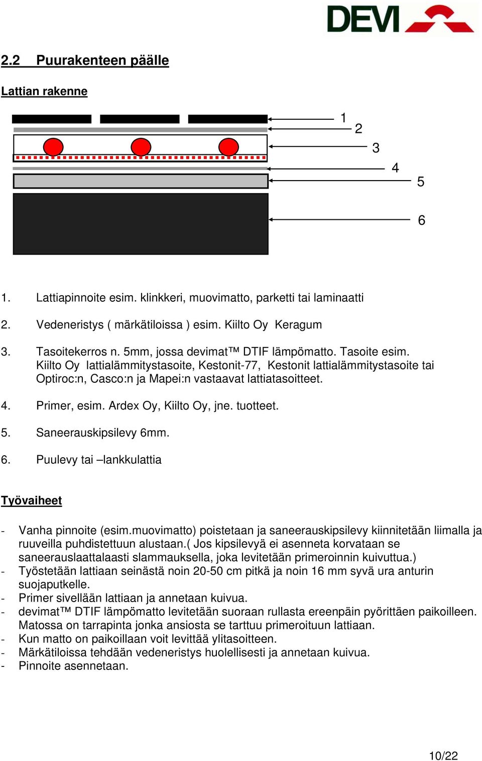 Primer, esim. Ardex Oy, Kiilto Oy, jne. tuotteet. 5. Saneerauskipsilevy 6mm. 6. Puulevy tai lankkulattia Työvaiheet - Vanha pinnoite (esim.