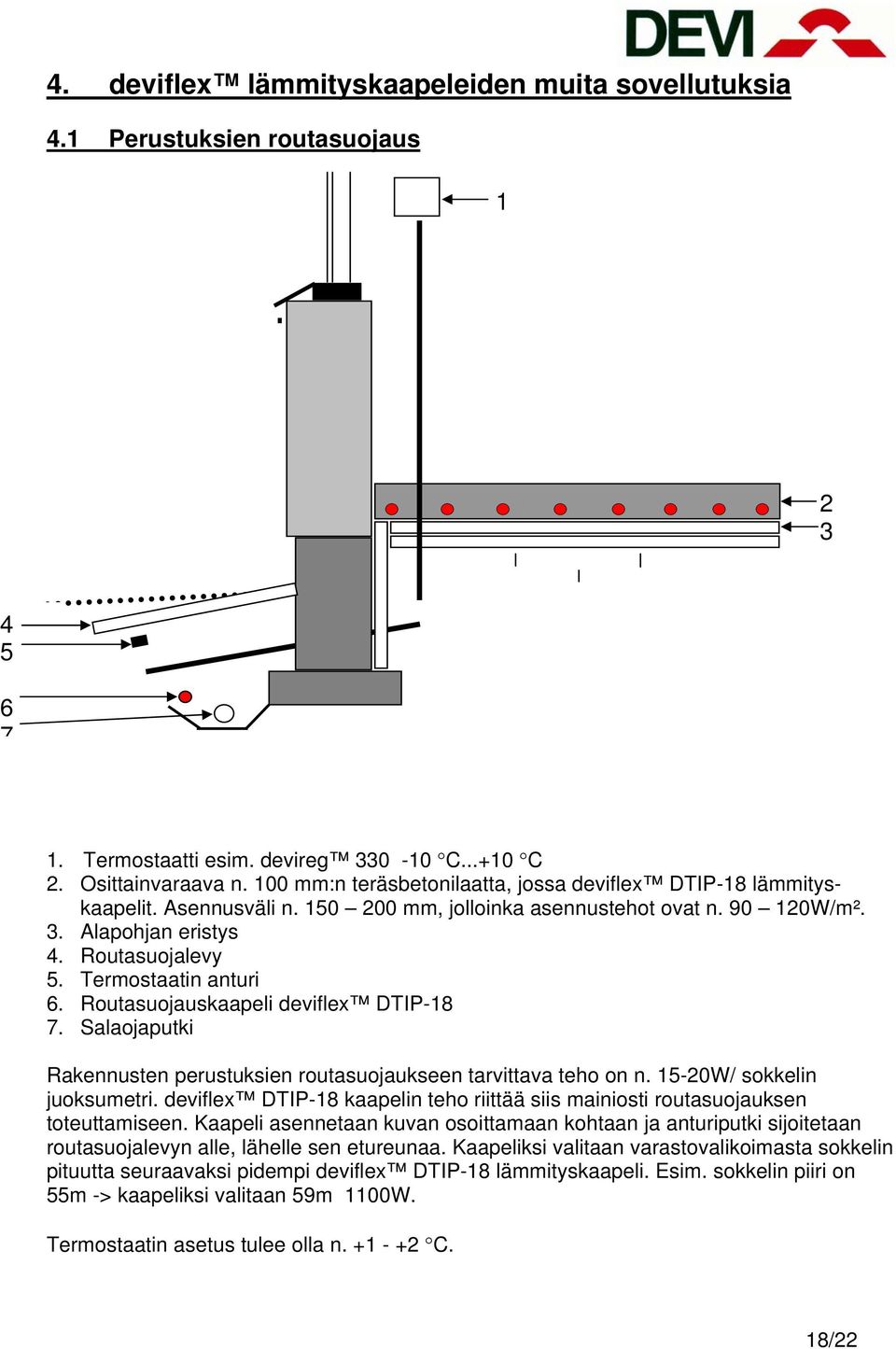 Termostaatin anturi 6. Routasuojauskaapeli deviflex DTIP-18 7. Salaojaputki Rakennusten perustuksien routasuojaukseen tarvittava teho on n. 15-20W/ sokkelin juoksumetri.