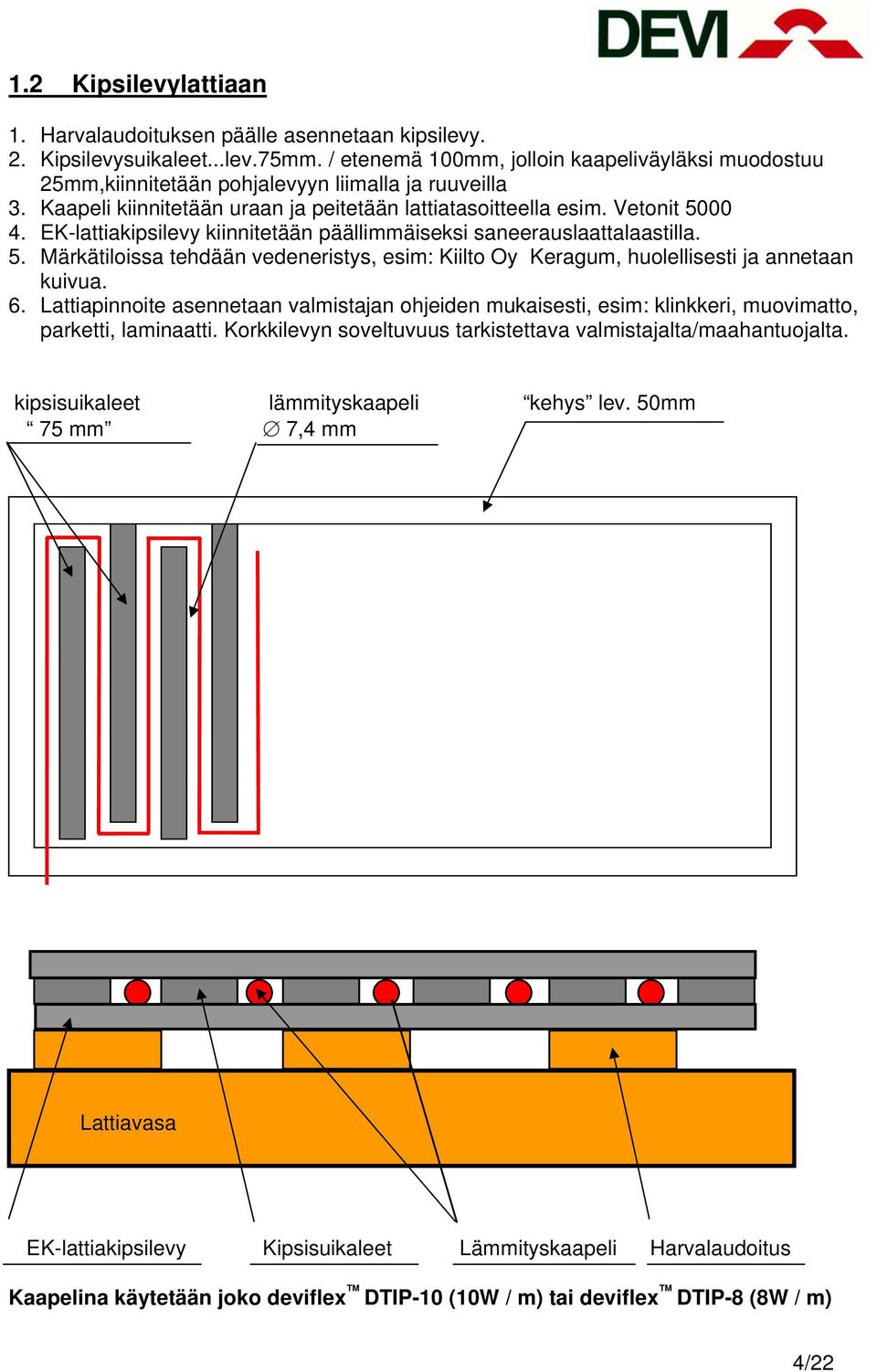 EK-lattiakipsilevy kiinnitetään päällimmäiseksi saneerauslaattalaastilla. 5. Märkätiloissa tehdään vedeneristys, esim: Kiilto Oy Keragum, huolellisesti ja annetaan kuivua. 6.