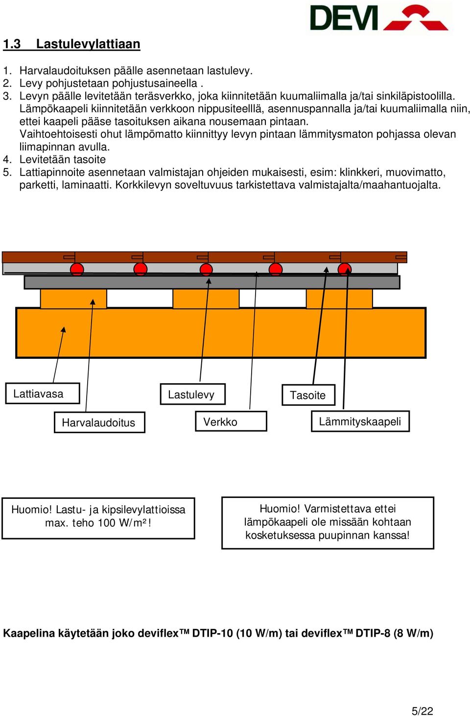 Lämpökaapeli kiinnitetään verkkoon nippusiteelllä, asennuspannalla ja/tai kuumaliimalla niin, ettei kaapeli pääse tasoituksen aikana nousemaan pintaan.