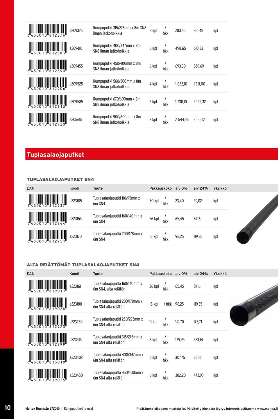 x 8m SN8 ilman jatkoholkkia 2 1 730,10 2 145,32 *6430010812920* a205615 Rumpuputki 900800mm x 8m SN8 ilman jatkoholkkia 2 2 544,45 3 155,12 Tuplasalaojaputket TUPLASALAOJAPUTKET SN4 *6430010812937*