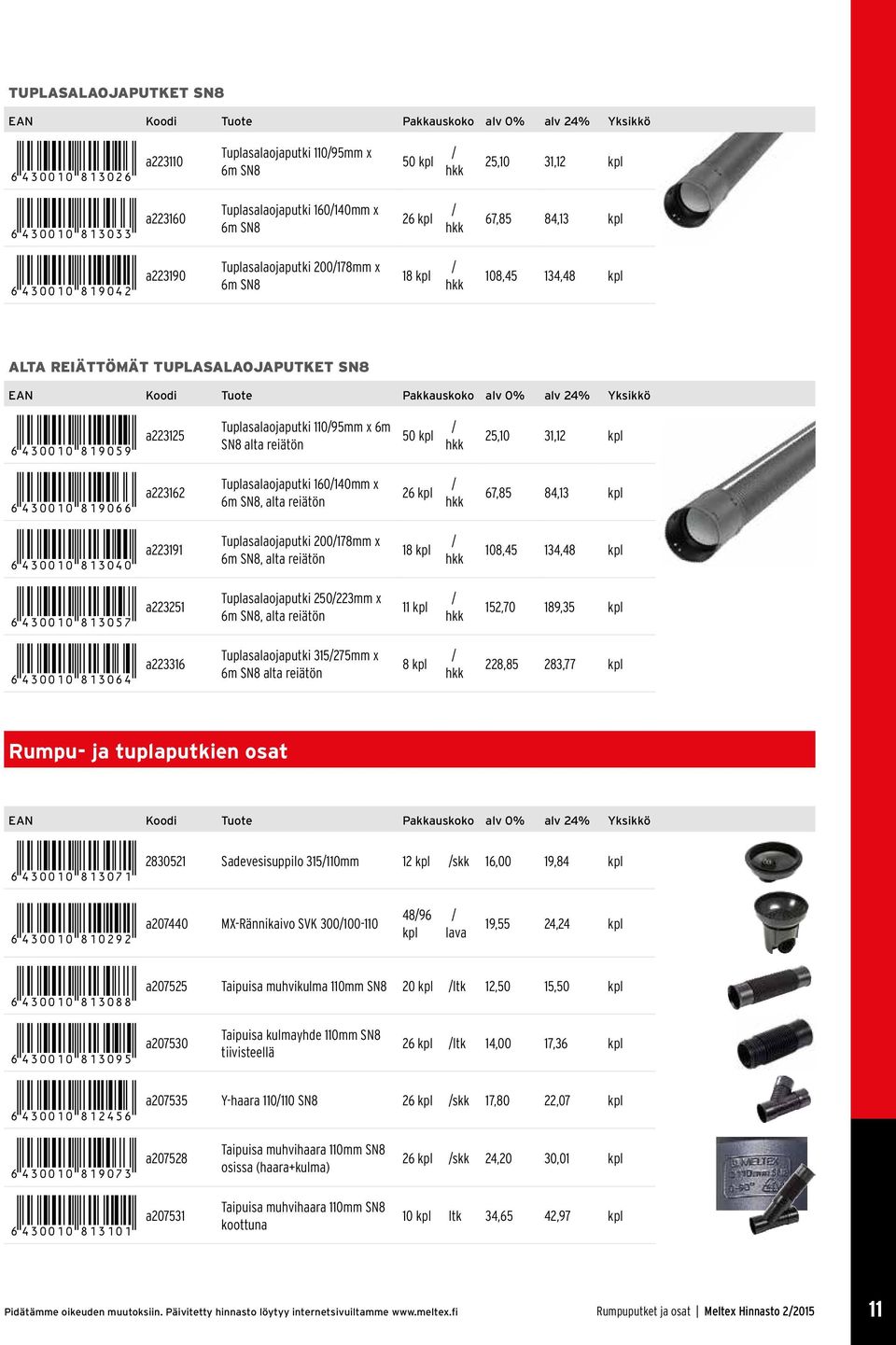 a223162 Tuplasalaojaputki 160140mm x 6m SN8, alta reiätön 26 67,85 84,13 *6430010813040* a223191 Tuplasalaojaputki 200178mm x 6m SN8, alta reiätön 18 108,45 134,48 *6430010813057* a223251