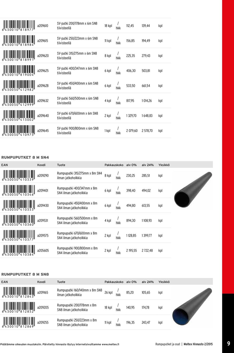 661,54 *6430050412999* a209632 SV-putki 560500mm x 6m SN8 tiivisteellä 4 817,95 1 014,26 *6430050413002* a209640 SV-putki 670600mm x 6m SN8 tiivisteellä 2 1 329,70 1 648,83 *6430050410975* a209645