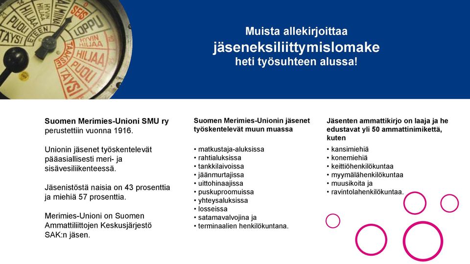 Merimies-Unioni on Suomen Ammattiliittojen Keskusjärjestö SAK:n jäsen.