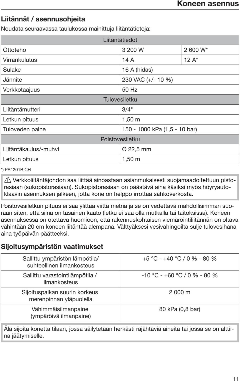 Ø 22,5 mm 1,50 m Verkkoliitäntäjohdon saa liittää ainoastaan asianmukaisesti suojamaadoitettuun pistorasiaan (sukopistorasiaan).