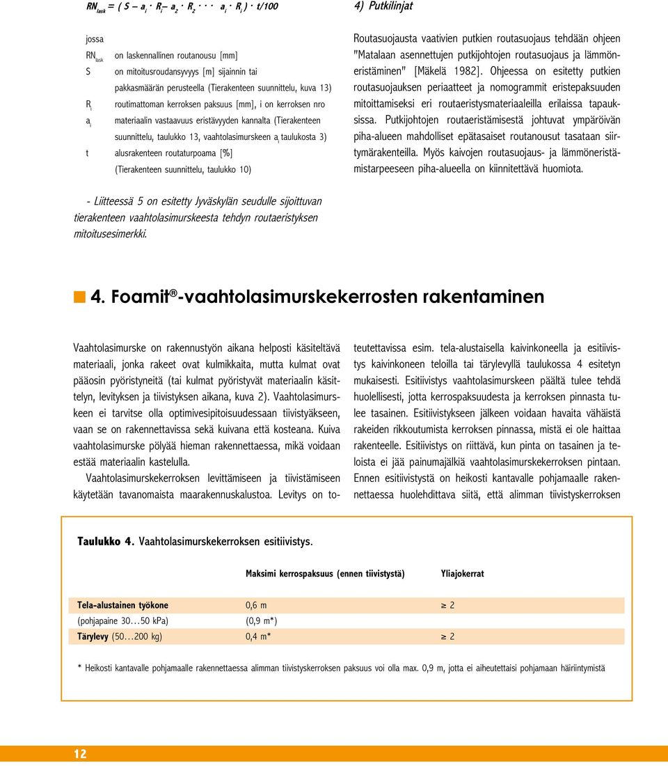 [mm], i on kerroksen nro materiaalin vastaavuus eristävyyden kannalta (Tierakenteen suunnittelu, taulukko 13, vaahtolasimurskeen a i taulukosta 3) t alusrakenteen routaturpoama [%] (Tierakenteen