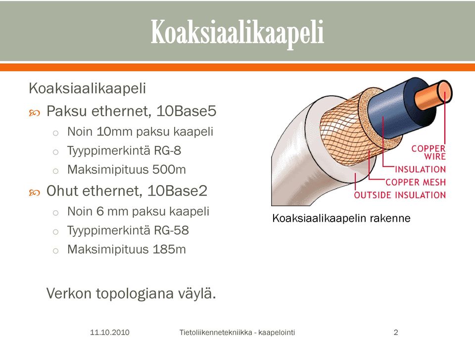 paksu kaapeli o Tyyppimerkintä RG-58 o Maksimipituus 185m Koaksiaalikaapelin