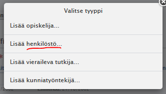 Muuhun henkilökuntaan kuuluvan ihmisen perustietojen luominen 1. Valitse ylävalikosta Master data 2. Valitse Henkilöt-listan alta 3. Kirjoita lisättävän henkilön etunimet ja sukunimi ao.