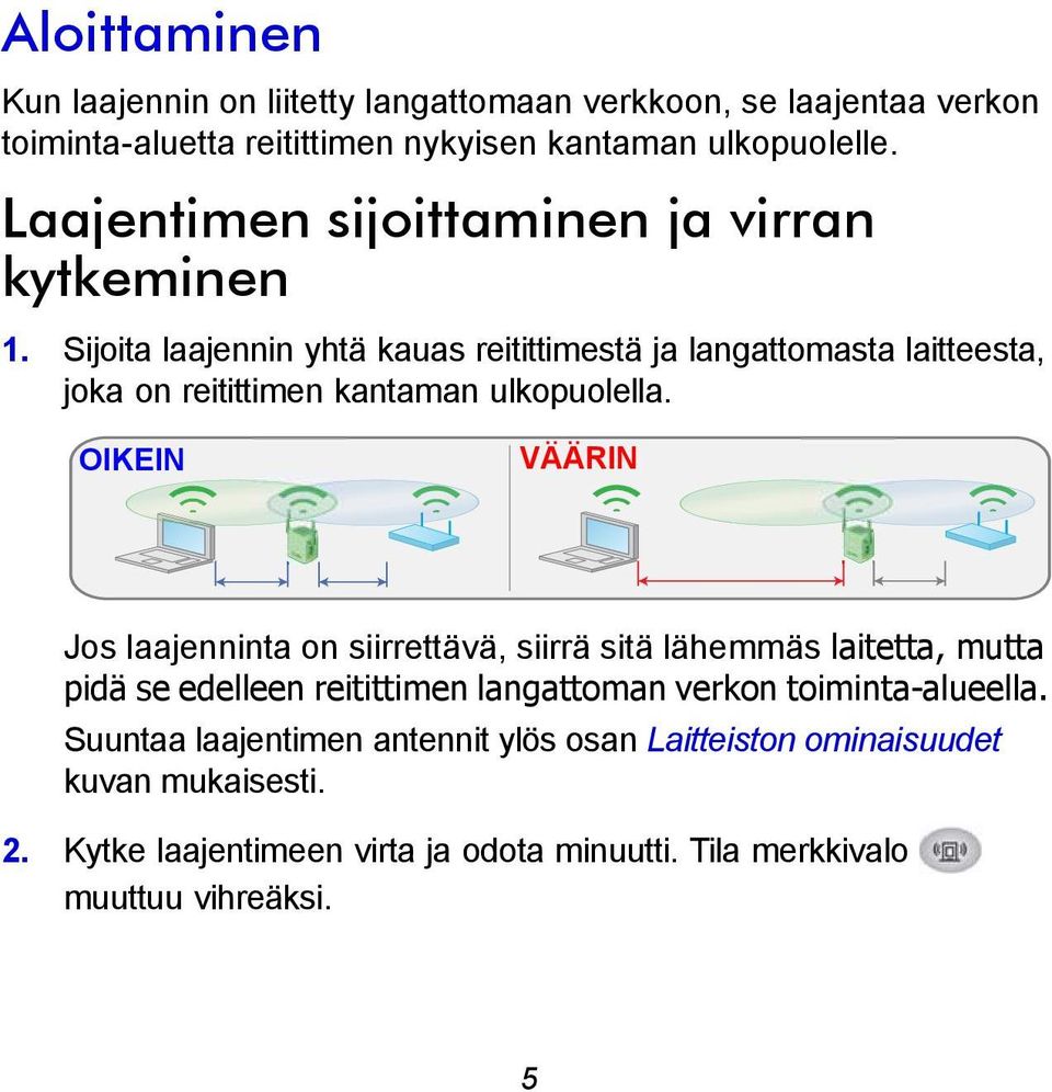 Sijoita laajennin yhtä kauas reitittimestä ja langattomasta laitteesta, joka on reitittimen kantaman ulkopuolella.