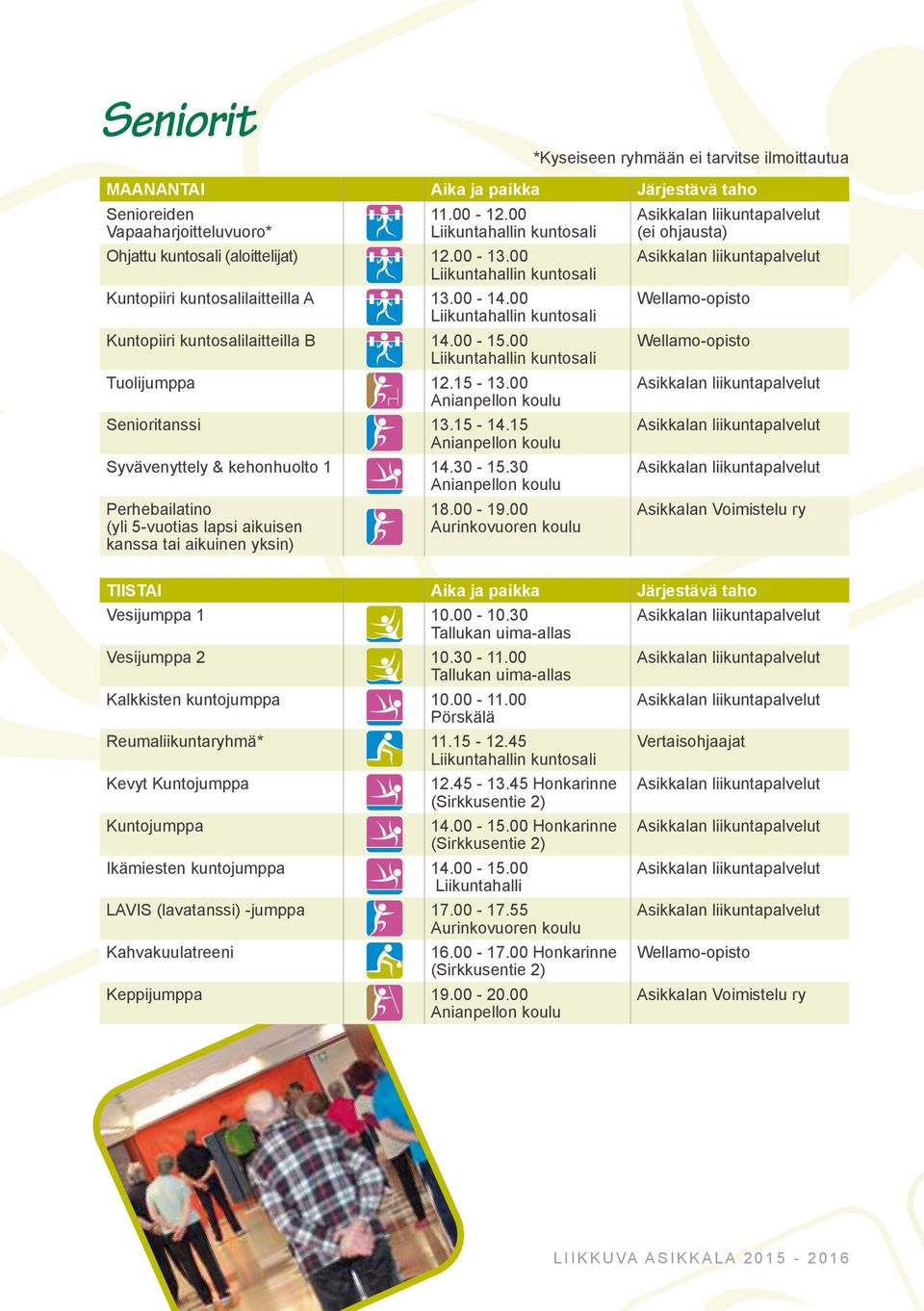 15 Syvävenyttely & kehonhuolto 1 14.30-15.30 Perhebailatino (yli 5-vuotias lapsi aikuisen kanssa tai aikuinen yksin) 18.00-19.00 (ei ohjausta) TIISTAI Aika ja paikka Järjestävä taho Vesijumppa 1 10.