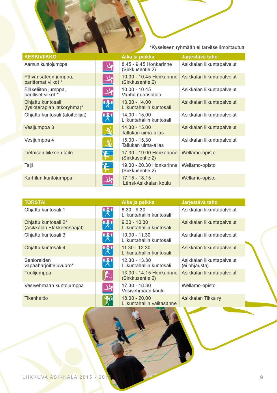 00 n kuntosali Vesijumppa 3 14.30-15.00 Tallukan uima-allas Vesijumppa 4 15.00-15.30 Tallukan uima-allas Tietoisen liikkeen taito 17.30-19.00 Honkarinne Taiji 19.00-20.