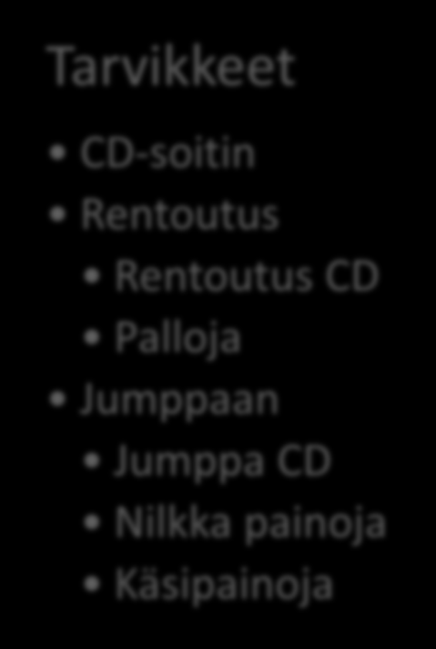 Kolmas ryhmätapaaminen Ryhmätapaamisen sisältö: 1. Ryhmäytymisleikki 2. Liikuntapäiväkirjojen läpikäynti keskustelemalla 3. Tuolijumppa 4. Rentoutusharjoitus 5.