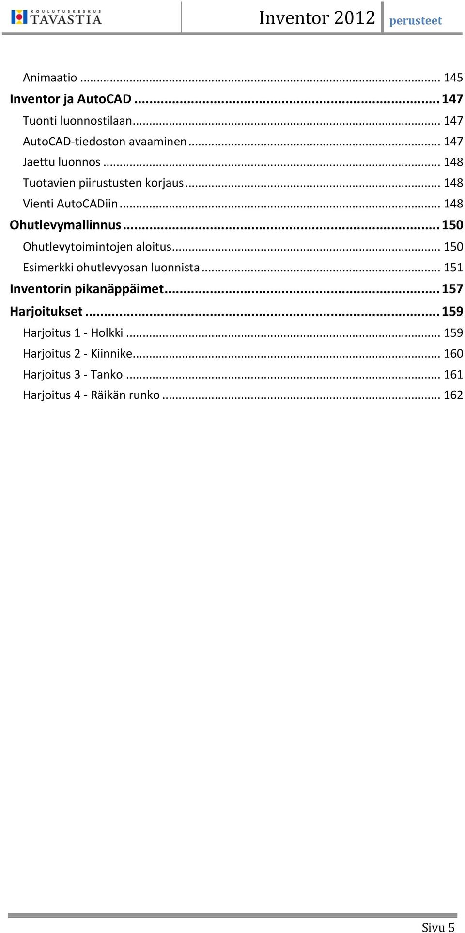 .. 150 Ohutlevytoimintojen aloitus... 150 Esimerkki ohutlevyosan luonnista... 151 Inventorin pikanäppäimet.