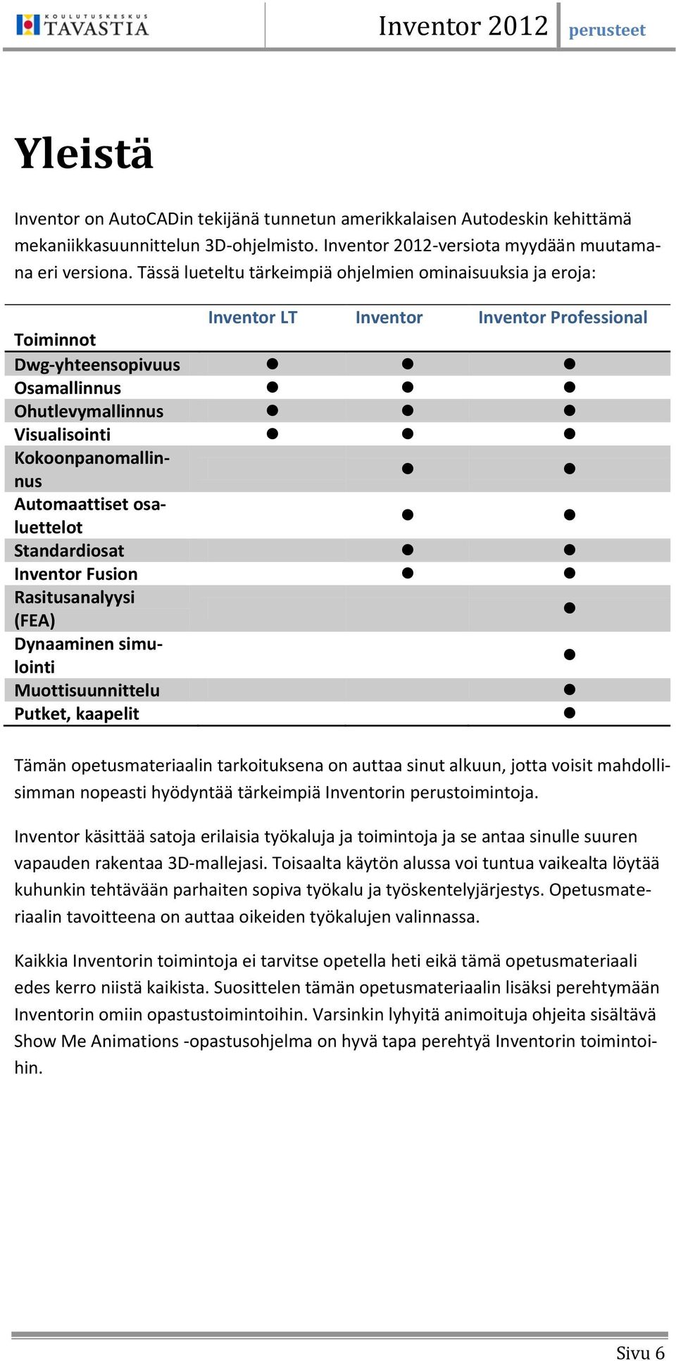 Automaattiset osaluettelot Standardiosat Inventor Fusion Rasitusanalyysi (FEA) Dynaaminen simulointi Muottisuunnittelu Putket, kaapelit Tämän opetusmateriaalin tarkoituksena on auttaa sinut alkuun,