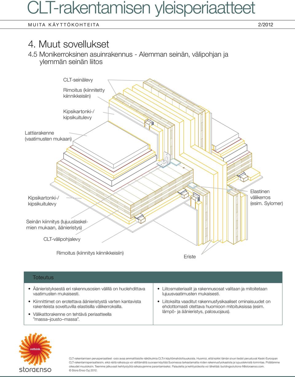 Sylomer) Seinän kiinnitys (lujuuslaskelmien mukaan, äänieristys) CLT-välipohjalevy Rimoitus (kiinnitys kiinnikkeisiin) Eriste Äänieristyksestä eri rakennusosien välillä on