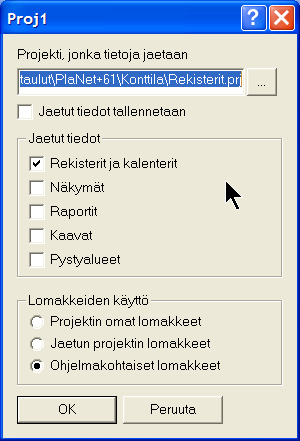 Tärkeää on, että jaettu tiedosto on määriteltynä ja jaettuina tietoina ovat rekisterit ja kalenterit oheisen kuvan mukaisesti.