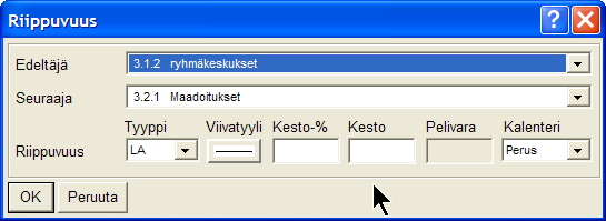 Tehtävien välille voidaan laittaa myös riippuvuuksia työkalurivin - painiketta käyttäen. Valitaan aikataulusta edeltäjä- ja seuraajatehtävät sekä riippuvuustyyppi. 4.