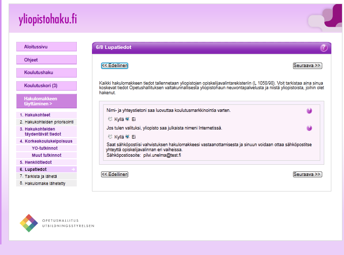 6/8 Lupatiedot Tällä sivulla päätät, saako yhteystietosi luovuttaa koulutusmarkkinointia varten.