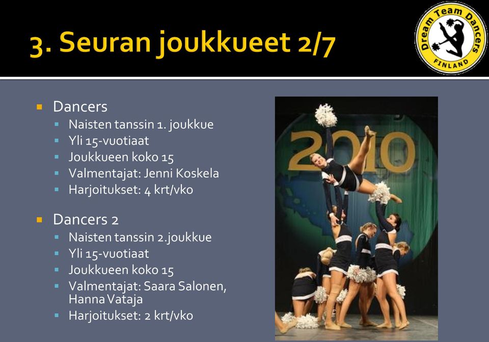 Koskela Harjoitukset: 4 krt/vko Dancers 2 Naisten tanssin 2.