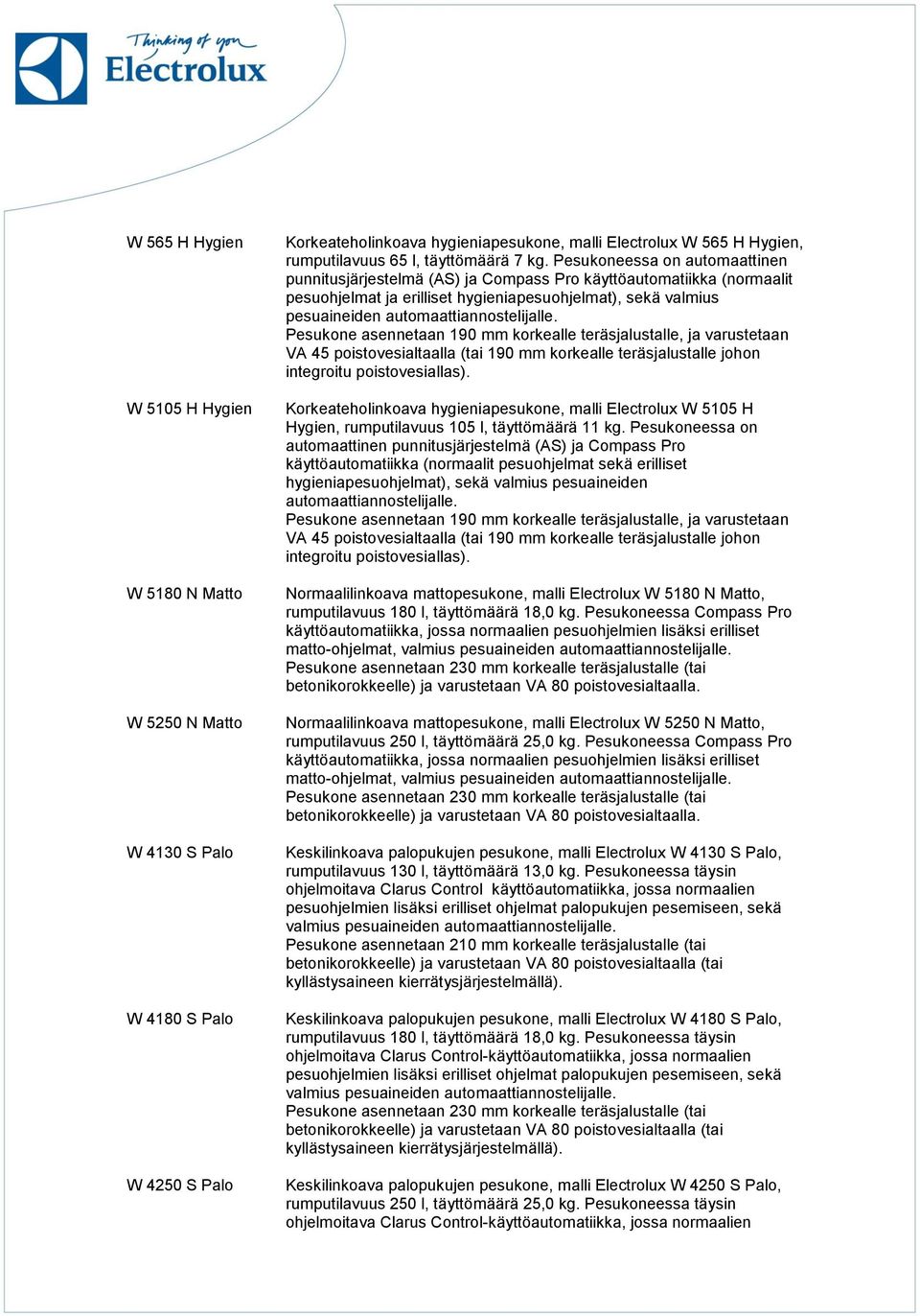 Pesukoneessa on automaattinen punnitusjärjestelmä (AS) ja Compass Pro käyttöautomatiikka (normaalit pesuohjelmat ja erilliset hygieniapesuohjelmat), sekä valmius Korkeateholinkoava hygieniapesukone,