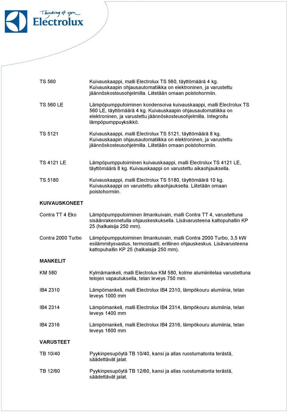 Kuivauskaapin ohjausautomatiikka on elektroninen, ja varustettu jäännöskosteusohjelmilla. Integroitu lämpöpumppuyksikkö. Kuivauskaappi, malli Electrolux TS 5121, täyttömäärä 8 kg.