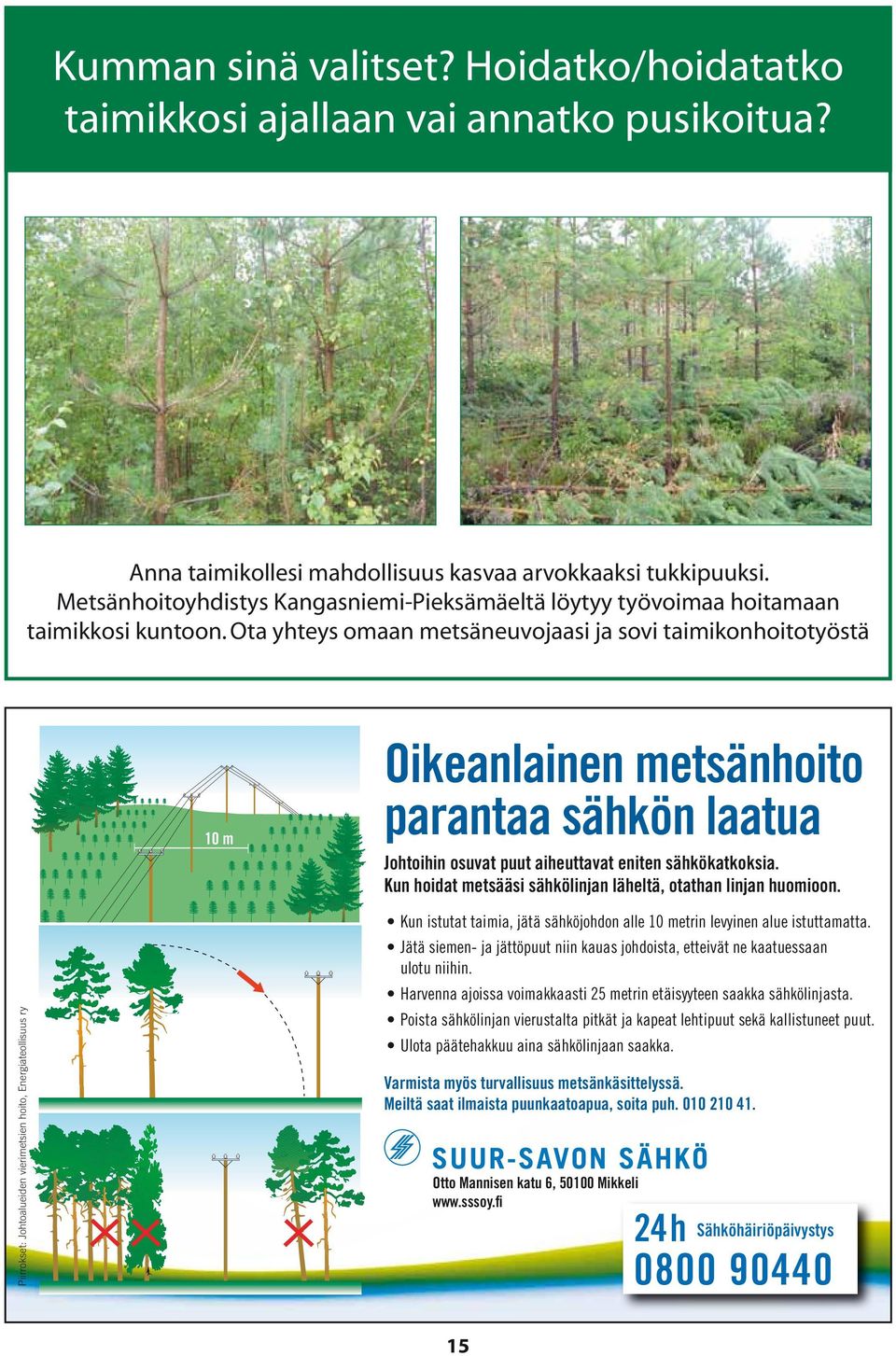 Ota yhteys omaan asi ja sovi taimikonhoitotyöstä 10 m Oikeanlainen metsänhoito parantaa sähkön laatua Johtoihin osuvat puut aiheuttavat eniten sähkökatkoksia.