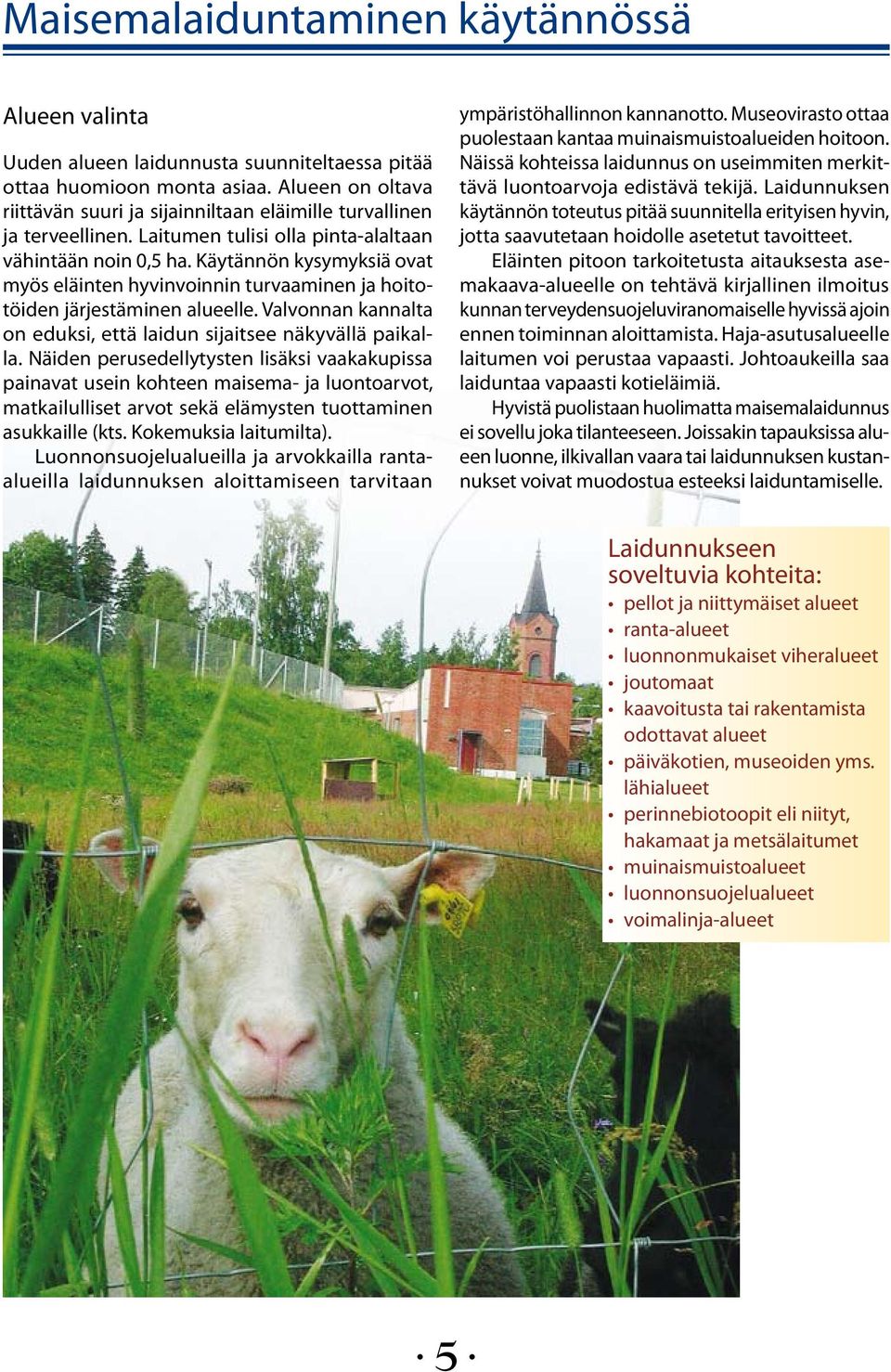 Käytännön kysymyksiä ovat myös eläinten hyvinvoinnin turvaaminen ja hoitotöiden järjestäminen alueelle. Valvonnan kannalta on eduksi, että laidun sijaitsee näkyvällä paikalla.