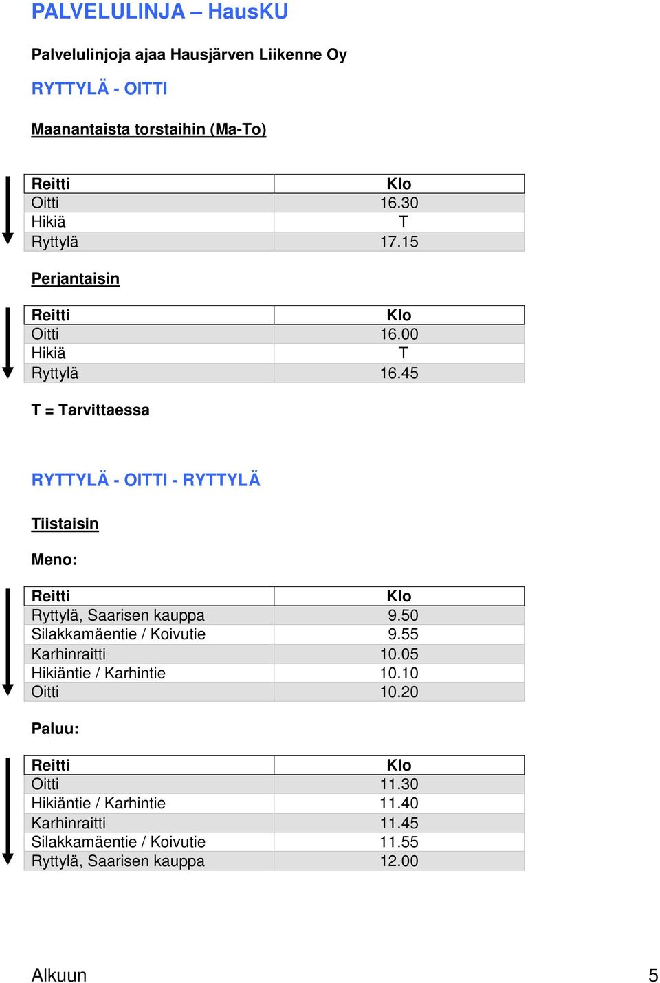45 T = Tarvittaessa RYTTYLÄ - OITTI - RYTTYLÄ Tiistaisin Meno: Ryttylä, Saarisen kauppa 9.50 Silakkamäentie / Koivutie 9.
