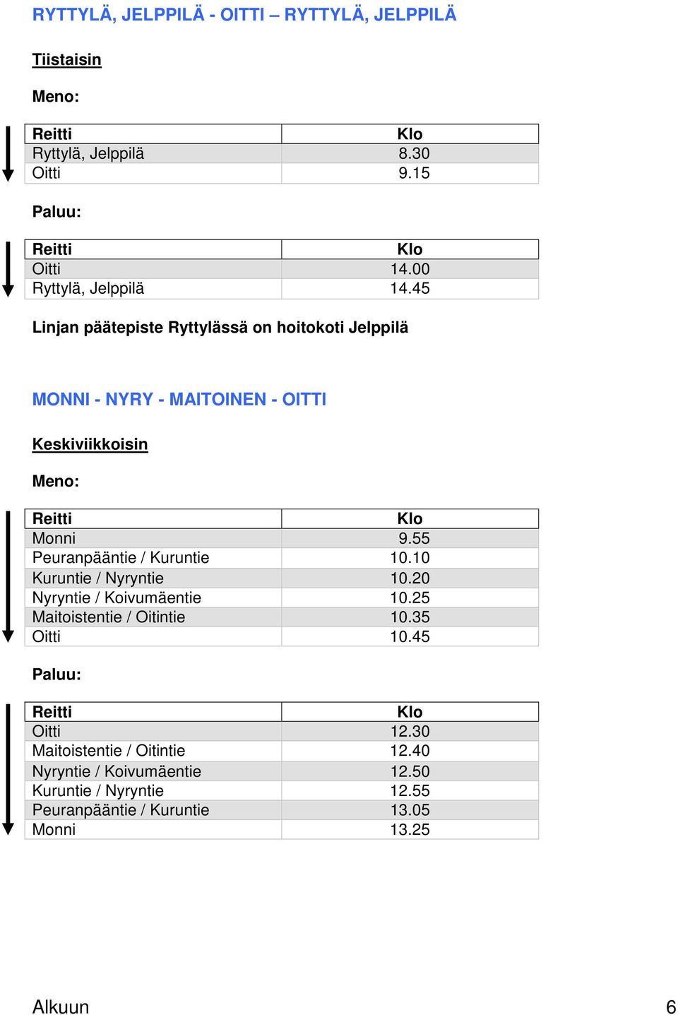 55 Peuranpääntie / Kuruntie 10.10 Kuruntie / Nyryntie 10.20 Nyryntie / Koivumäentie 10.25 Maitoistentie / Oitintie 10.35 Oitti 10.