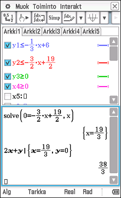 Tehtävän 13 ratkaisu: Ratkaistaan ehdot y:n suhteen ja piirretään niistä kuva. Lasketaan leikkauspisteiden koordinaateiksi (0, 0), (0, 6), (3, 5) ja (6,3333...; 0).