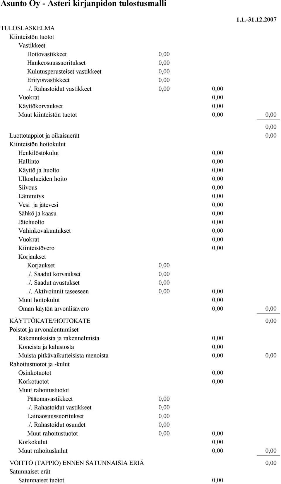 Lämmitys Vesi ja jätevesi Sähkö ja kaasu Jätehuolto Vahinkovakuutukset Vuokrat Kiinteistövero Korjaukset Korjaukset./.