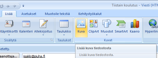 Uudet ominaisuudet Outlook 2007 -sähköposti 4/8 Valintanauhan käyttö viestin luomisessa Muista Office 2007 -ohjelmista tuttu valintanauha tulee esiin, kun kirjoitat viestiä: Viesti-välilehdeltä