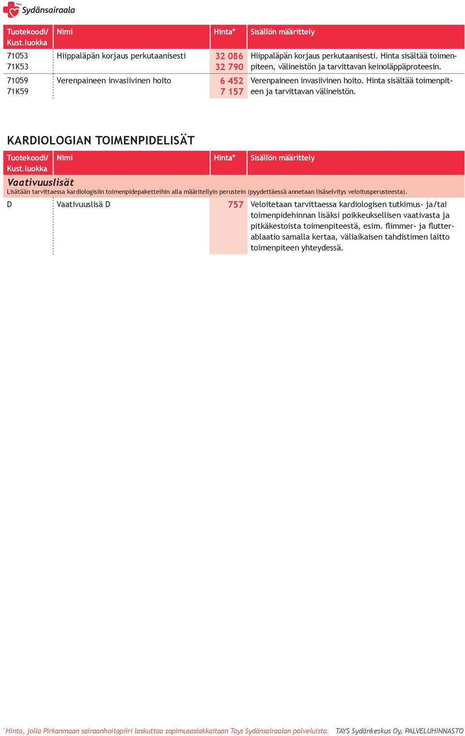 KARDIOLOGIAN TOIMENPIDELISÄT Tuotekoodi/ Nimi Hinta Sisällön määrittely Vaativuuslisät Lisätään tarvittaessa kardiologisiin toimenpidepaketteihin alla määritellyin perustein (pyydettäessä annetaan